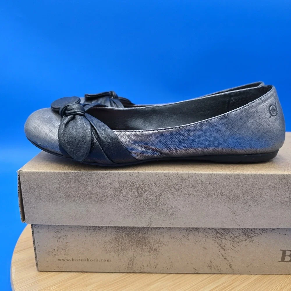 Born Ballet Flats Womens Silver Black Leather Casual Bow Slip On Shoes Sz 7.5M‎